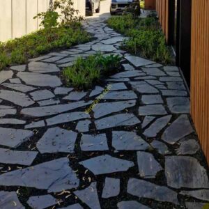 Pavimento de pizarra natural irregular en el acceso a una vivienda, con vegetación entre las piezas.
